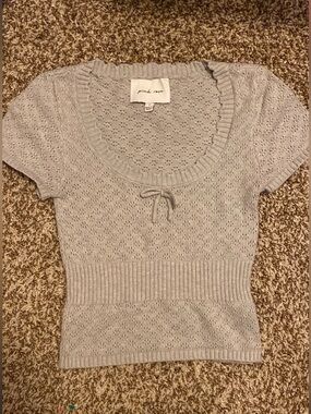 Pink Rose Light Gray Eyelet Knit Scoop Top with Bow